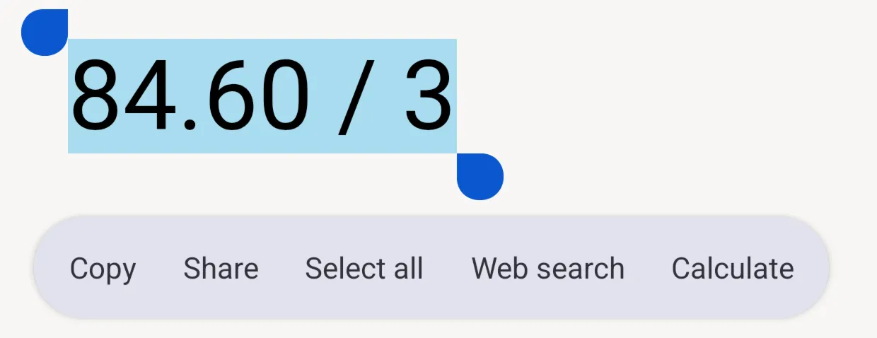 A web page with 84.60 / 3 selected and Calculate in the text menu