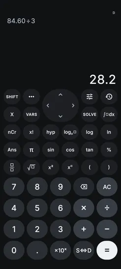 Sumi opened from Calculate, showing 84.60 ÷ 3 = 28.2