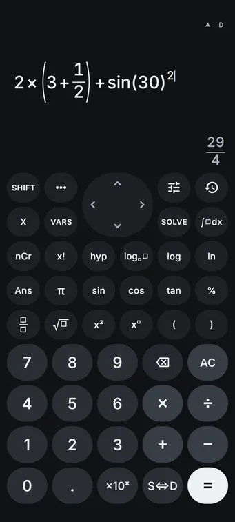 Sumi in its dark theme with 2 × (3 + ½) + sin(30)² typed out like a textbook and a live answer of 29/4