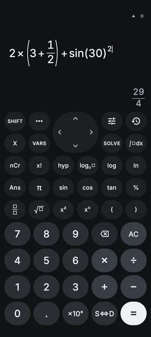 Sumi in its dark theme with a textbook-style sum and a live answer of 29/4