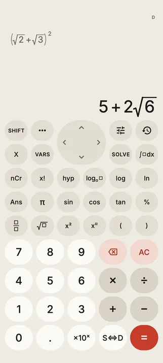 Sumi in its Paper & Ink look, showing (√2 + √3)² = 5 + 2√6