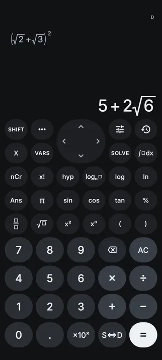 Sumi in its Sumi Dark look, showing (√2 + √3)² = 5 + 2√6