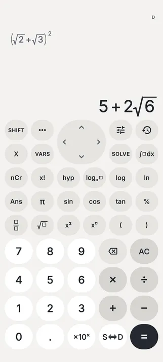 Sumi in its Sumi Light look, showing (√2 + √3)² = 5 + 2√6