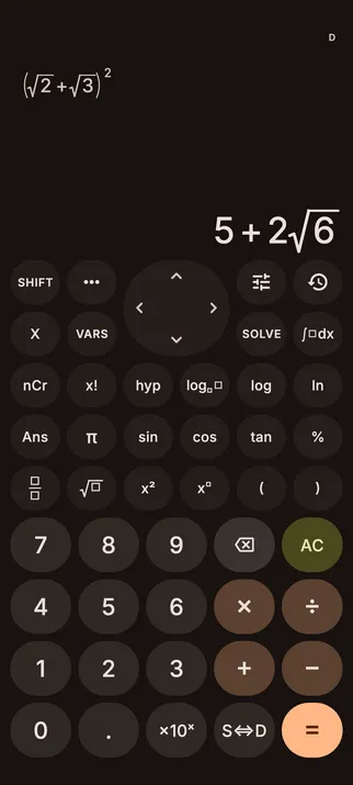 Sumi in Wallpaper colours on Android 12 and later, showing (√2 + √3)² = 5 + 2√6